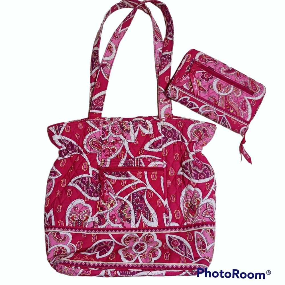 Vera Bradley Rosy Posies tote and matching wallet red and pink paisley RETIRED